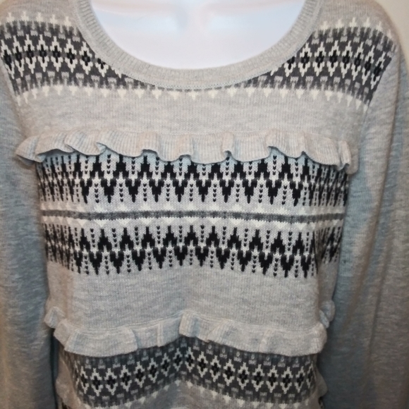 LAST CHANCE - Talbots Gray Black White Nordic Stripe Ruffled Lambswool Sweater - Picture 2 of 6